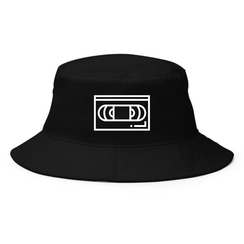 Black bucket hat printed with a white VHS cassette graphic
